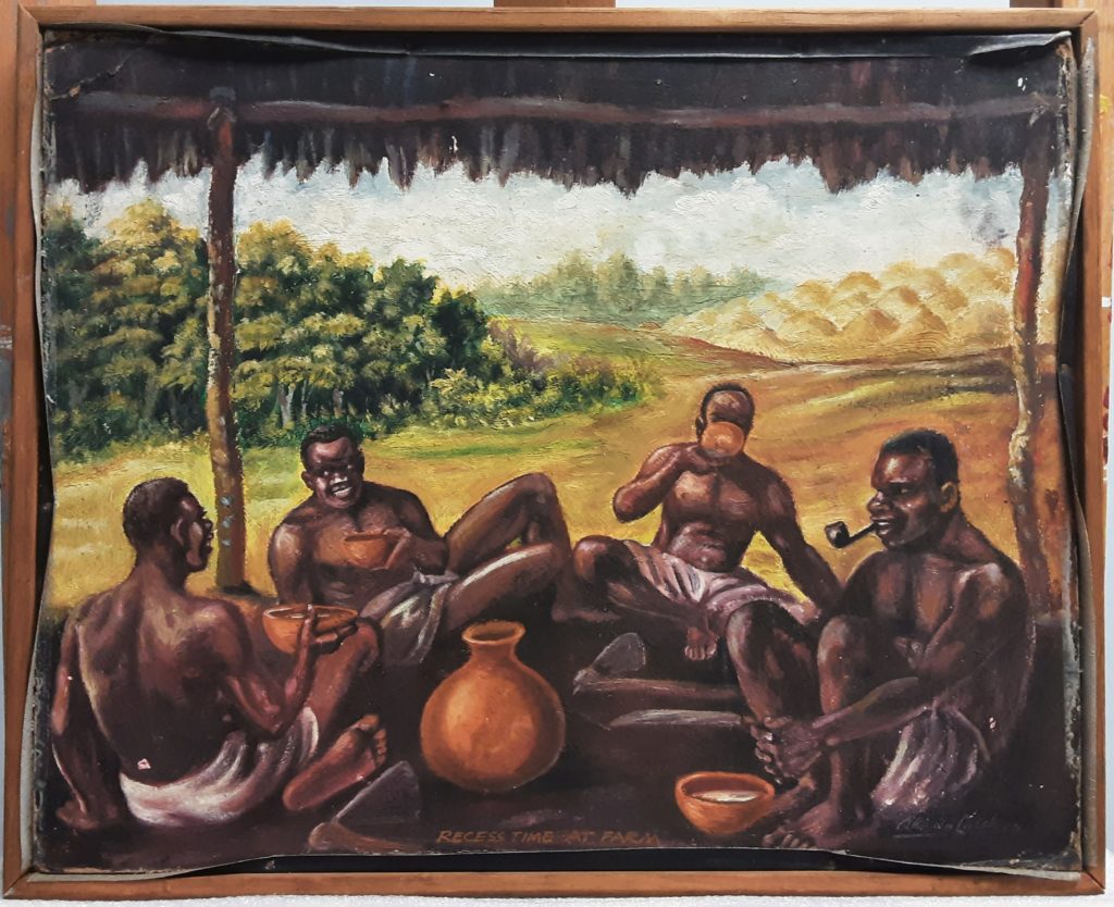 Painting of figures reclining and drinking palm wine