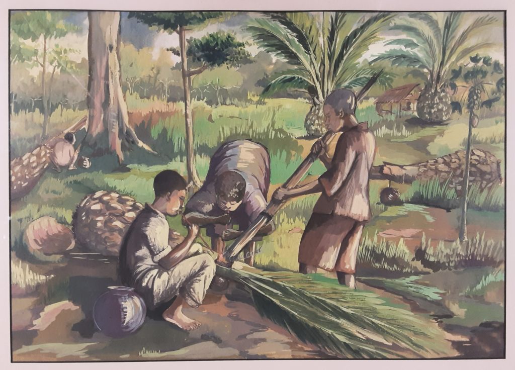 Boys tapping a fallen palm tree.