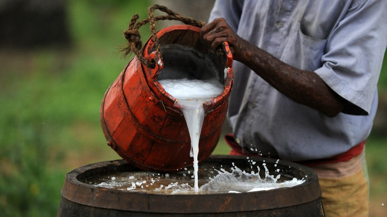 Man pouring palm wine into a barrel
