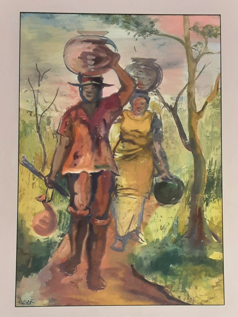 A watercolor painting of two figures carrying jugs of palm wine.