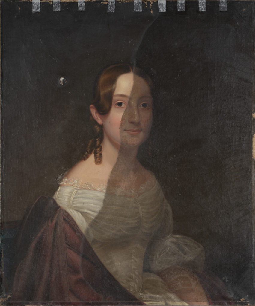 During cleaning of a portrait using water-based solution.