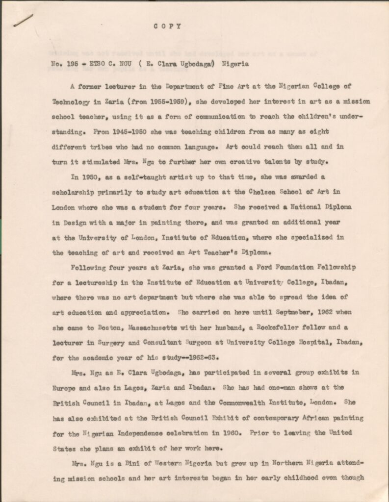 Short Bio on Clara Etso Ugbodaga-Ngu From Library of Congress, Harmon Foundation, Inc., Records 1913–1967