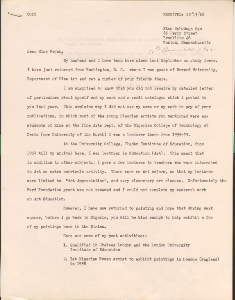 Clara Etso Ugbodaga-Ngu to Evelyn Brown, December 12, 1962. From Library of Congress, Harmon Foundation, Inc., Records 1913–1967. 